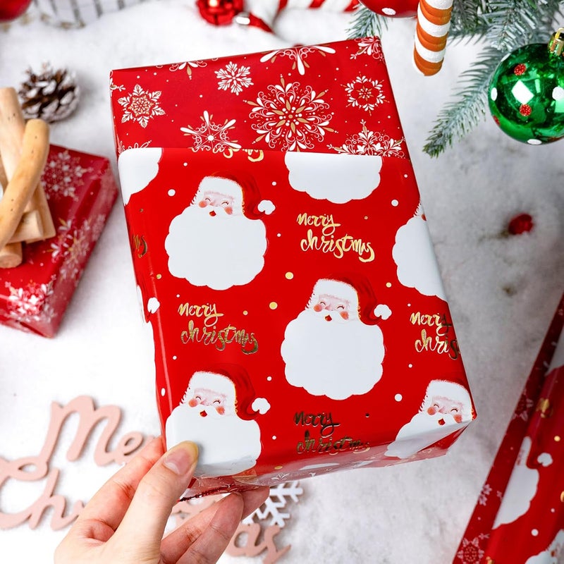 MAYPLUSS Red Christmas Wrapping Paper Roll - 17IN X 33FT - Santa Gift Wrapping Paper Featuring Santa Claus Gold Merry Christmas Reversible Snowflake for Kids, Holiday, New Year - Image 5